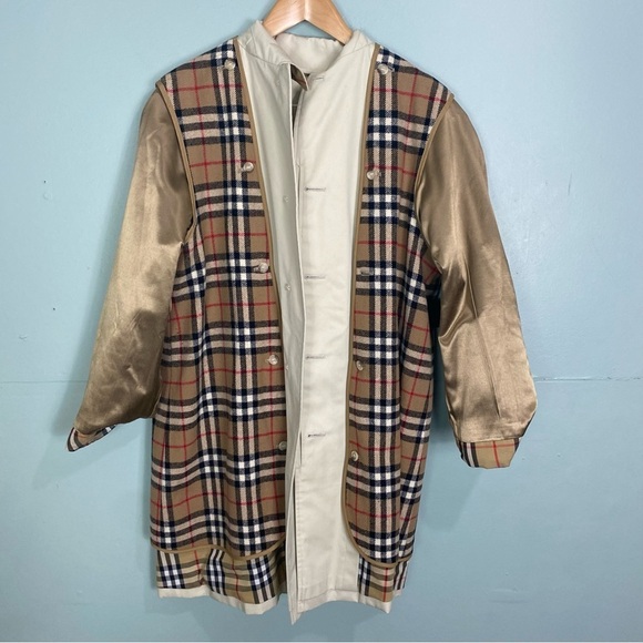 Burberry Womens Car Coat Nova Check Plaid Sz 12‎ R Cream - Picture 12 of 16